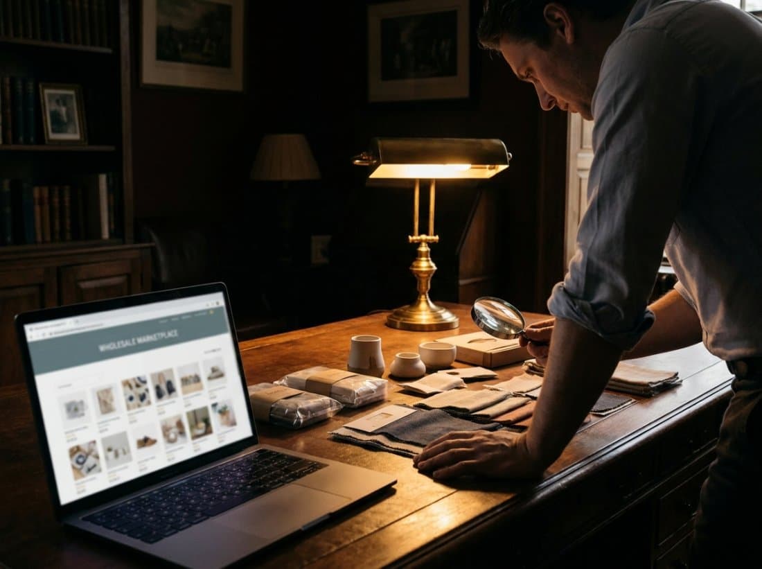 Buyer reviewing wholesale samples beside a sourcing marketplace