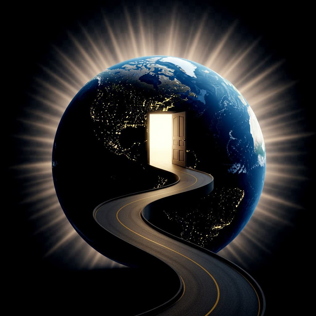 A road across the globe leading to an open, lit doorway