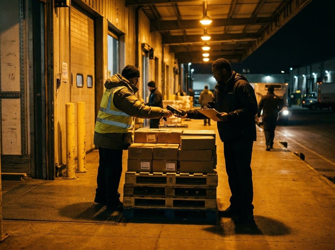 Goods being handed over at a local consolidation hub loading dock