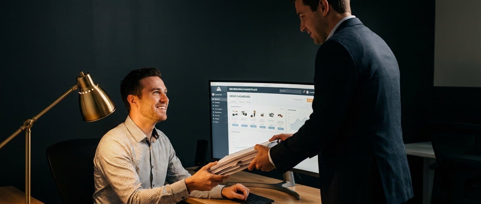 A supplier at his desk receiving a stack of purchase orders, marketplace dashboard on the monitor behind him