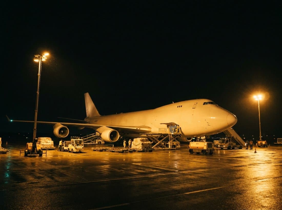 A freight aircraft being loaded at night