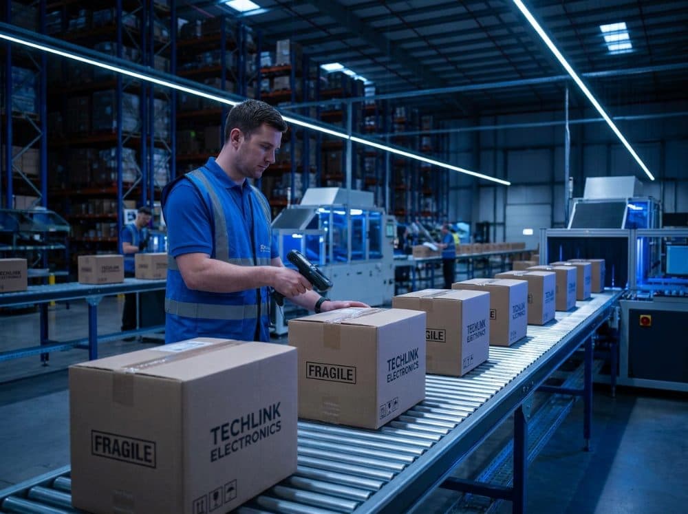 A warehouse operator scanning a carton label