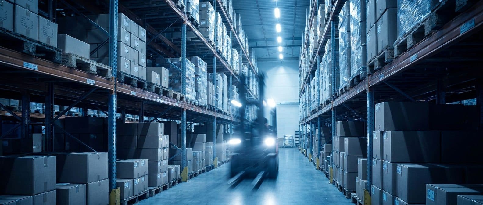 A wide aisle of racked pallets in a distribution warehouse